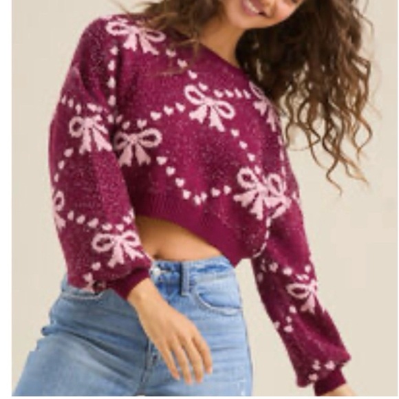 Altar'd State Women's Burgundy and Pink Bow Sweater Coquette Medium Cropped - Picture 2 of 7